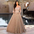 Vestido de noche árabe color nude, corte en A, tirantes finos, con guantes, para bodas y fiestas de mujeres LA72363 