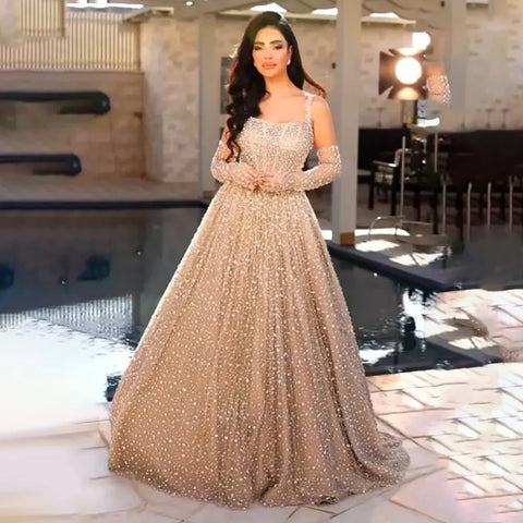 Robe de soirée trapèze couleur chair style arabe 2025, bretelles fines avec gants, pour mariage, LA72363 