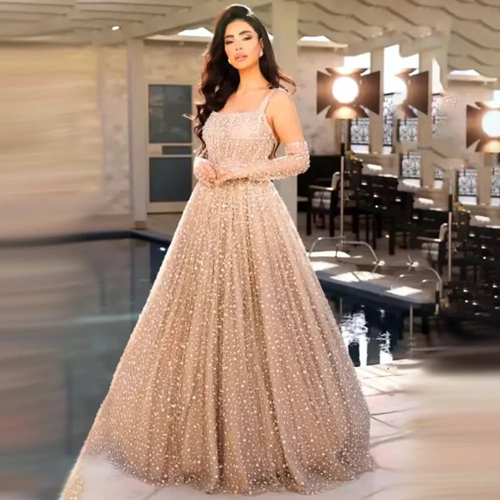 Vestido de noche árabe color nude, corte en A, tirantes finos, con guantes, para bodas y fiestas de mujeres LA72363 