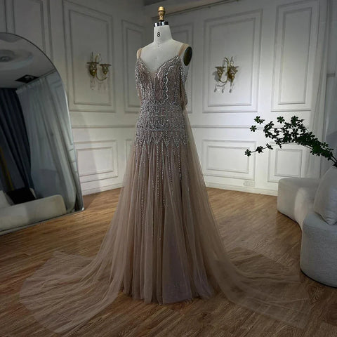 Robe de soirée de luxe style arabe, coupe trapèze, bretelles spaghetti, perles, couleur chair, style Dubaï, pour femmes, fête de mariage, 2025, LA71911L 