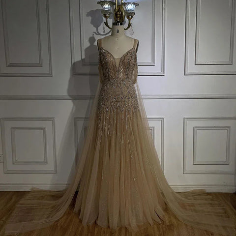 Robe de soirée de luxe style arabe, coupe trapèze, bretelles spaghetti, perles, couleur chair, style Dubaï, pour femmes, fête de mariage, 2025, LA71911L 