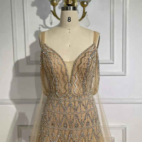 Robe de soirée de luxe style arabe, coupe trapèze, bretelles spaghetti, perles, couleur chair, style Dubaï, pour femmes, fête de mariage, 2025, LA71911L 