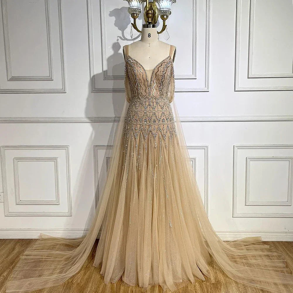Arabic Nude A Line Spaghetti Strap Beaded Luxury Dubai Evening Dresses Gowns For Women Wedding Party 2025 LA71911L