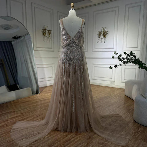Robe de soirée de luxe style arabe, coupe trapèze, bretelles spaghetti, perles, couleur chair, style Dubaï, pour femmes, fête de mariage, 2025, LA71911L 
