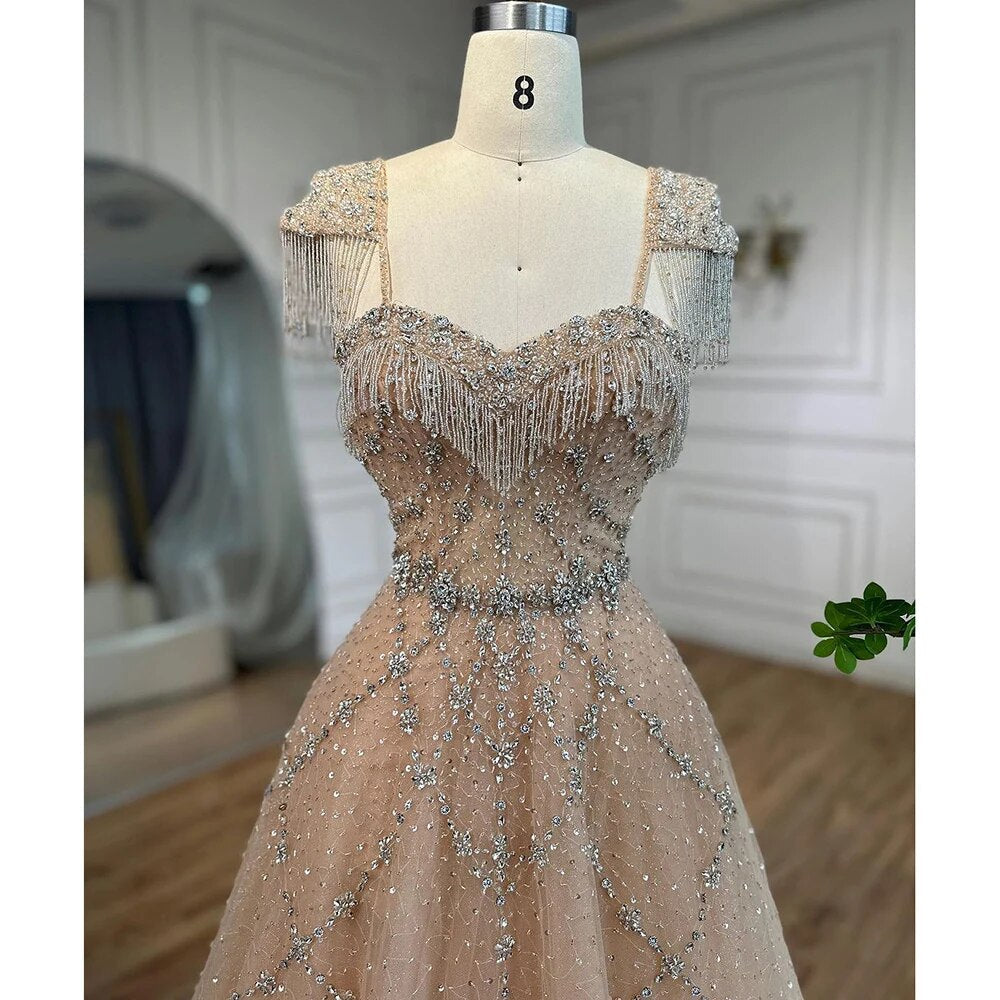 Vestidos de noche árabes color nude, corte A, escote corazón, con cuentas, borlas y cordones, para mujer, ideales para bodas y fiestas (2025) LA72214 