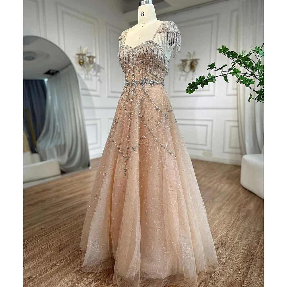 Vestidos de noche árabes color nude, corte A, escote corazón, con cuentas, borlas y cordones, para mujer, ideales para bodas y fiestas (2025) LA72214 