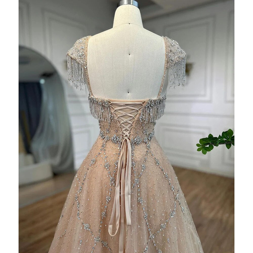 Vestidos de noche árabes color nude, corte A, escote corazón, con cuentas, borlas y cordones, para mujer, ideales para bodas y fiestas (2025) LA72214 