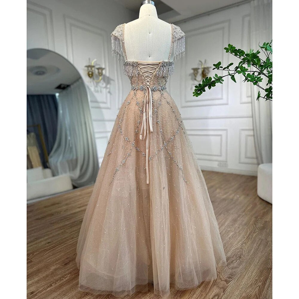 Vestidos de noche árabes color nude, corte A, escote corazón, con cuentas, borlas y cordones, para mujer, ideales para bodas y fiestas (2025) LA72214 