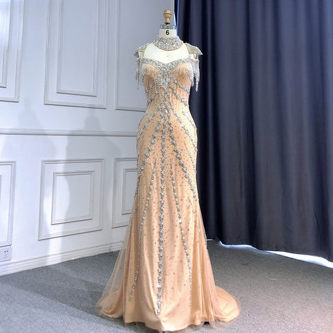 Robe de soirée élégante style sirène, couleur chair, décolleté en cœur, perles et pompons, style arabe, sans retour ni remboursement, modèle LA71540 