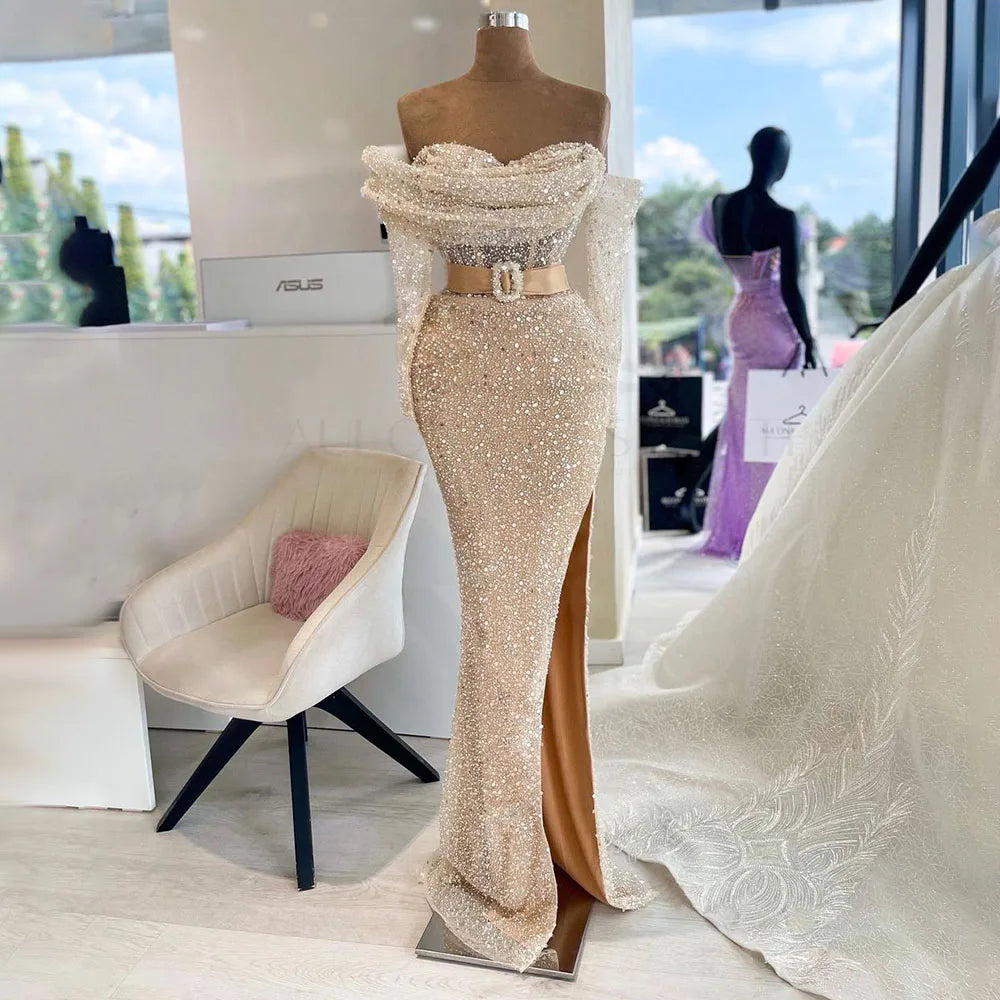 Vestido de noche de lujo estilo árabe, color nude, con un solo hombro y cuentas, ideal para bodas y fiestas (2025) LA72318D 