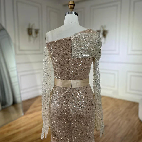 Robe de soirée élégante à une épaule, couleur chair, avec perles, style Dubaï, pour femme, tenue de mariage, 2025, LA72318D 