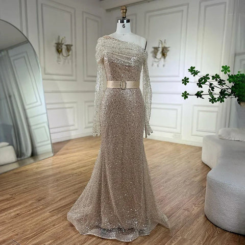 Robe de soirée élégante à une épaule, couleur chair, avec perles, style Dubaï, pour femme, tenue de mariage, 2025, LA72318D 