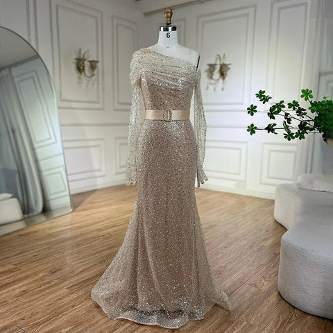 Robe de soirée élégante à une épaule, couleur chair, avec perles, style Dubaï, pour femme, tenue de mariage, 2025, LA72318D 