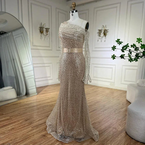 Robe de soirée élégante à une épaule, couleur chair, avec perles, style Dubaï, pour femme, tenue de mariage, 2025, LA72318D 