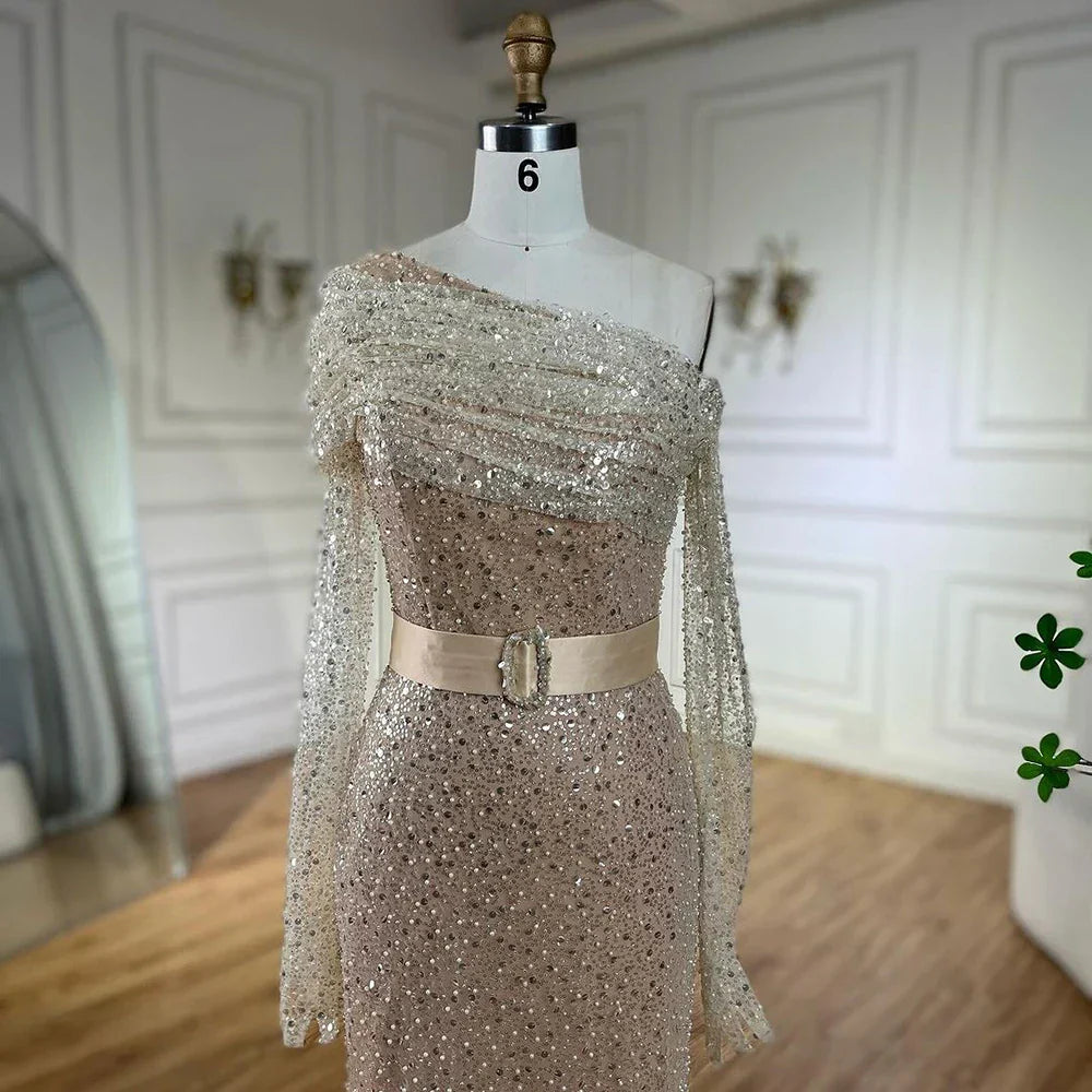 Vestido de noche de lujo estilo árabe, color nude, con un solo hombro y cuentas, ideal para bodas y fiestas (2025) LA72318D 