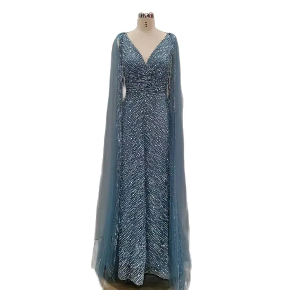 Vestidos de noche árabes de lujo color nude con mangas tipo capa, corte en A, con cuentas y estilo vestido para bodas y fiestas de mujeres 2025 LA72573 