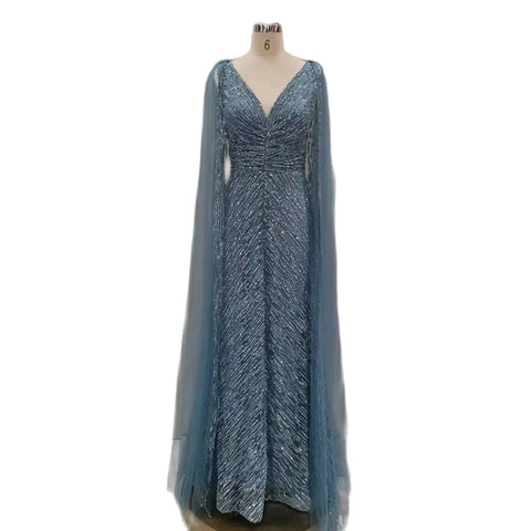 Robe de soirée de luxe couleur chair arabe, manches cape, coupe trapèze, perles, robe de soirée pour femme, 2025 LA72573 