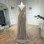 Arabic Nude Luxury Evening Dresses with Cape Sleeves A-Line Beaded and Gown For Women's Wedding Party 2025 LA72573