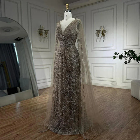 Robe de soirée de luxe couleur chair arabe, manches cape, coupe trapèze, perles, robe de soirée pour femme, 2025 LA72573 
