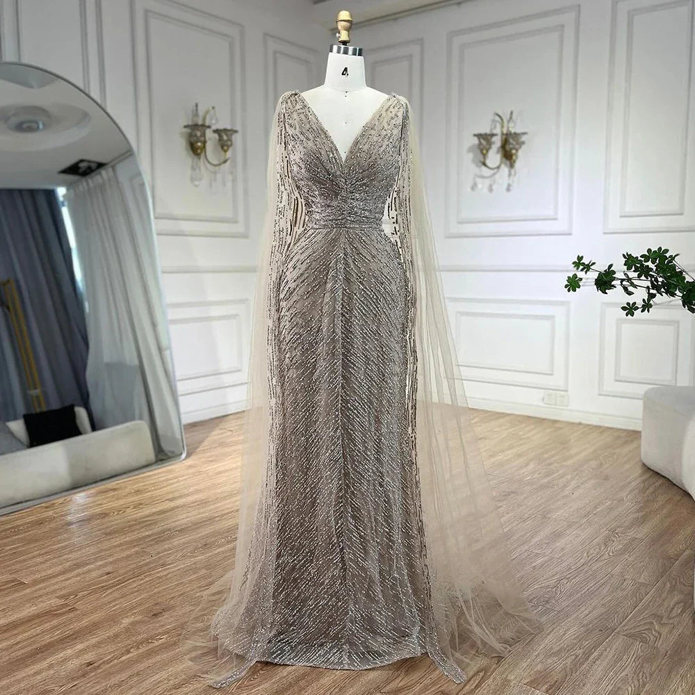 Vestidos de noche árabes de lujo color nude con mangas tipo capa, corte en A, con cuentas y estilo vestido para bodas y fiestas de mujeres 2025 LA72573 