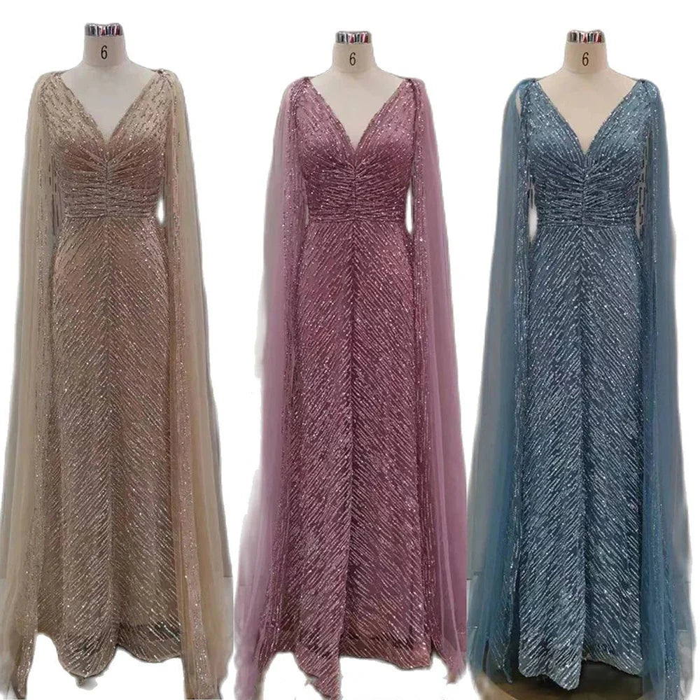 Arabic Nude Luxury Evening Dresses with Cape Sleeves A-Line Beaded and Gown For Women's Wedding Party 2025 LA72573