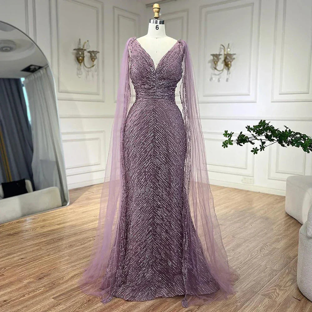 Arabic Nude Luxury Evening Dresses with Cape Sleeves A-Line Beaded and Gown For Women's Wedding Party 2025 LA72573