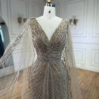 Arabic Nude Luxury Evening Dresses with Cape Sleeves A-Line Beaded and Gown For Women's Wedding Party 2025 LA72573