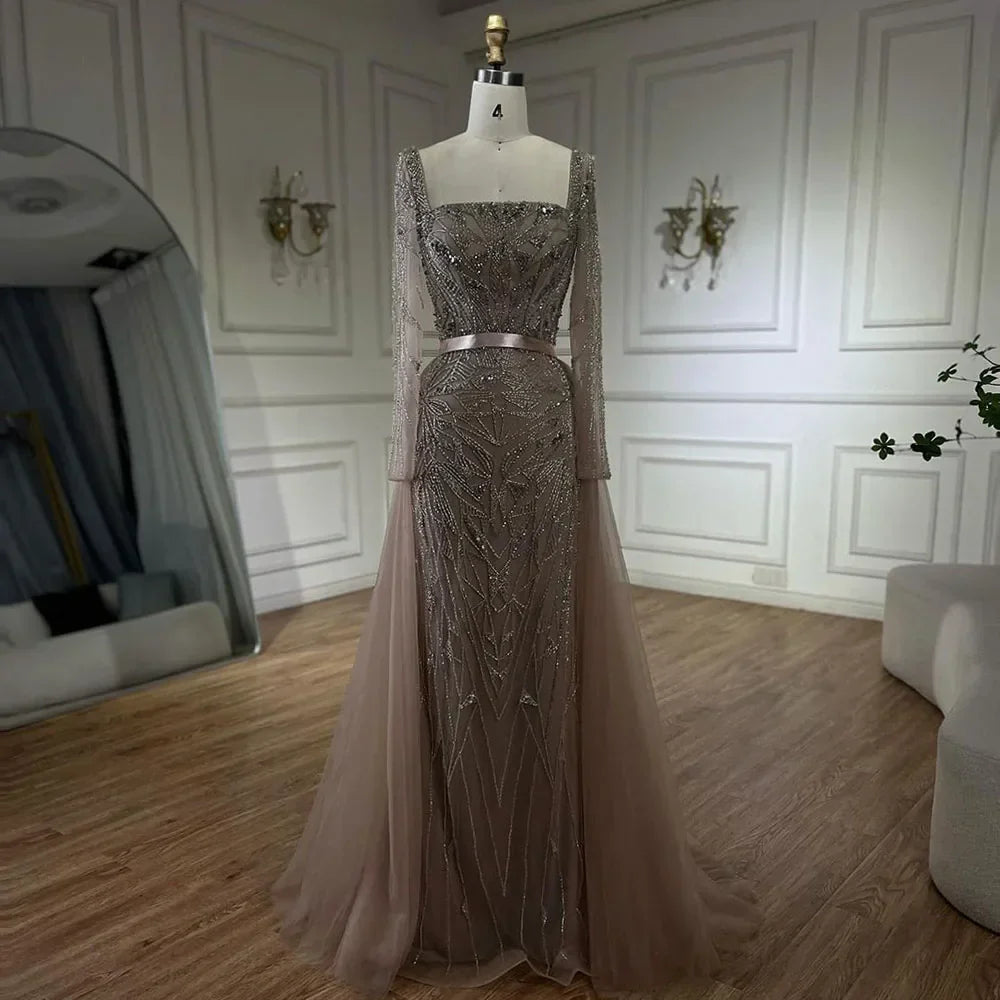 Vestido largo de noche de lujo estilo sirena color nude árabe con cuentas, falda 2 en 1 con sobrefalda, ideal para fiestas femeninas, modelo LA72261A (2025). 