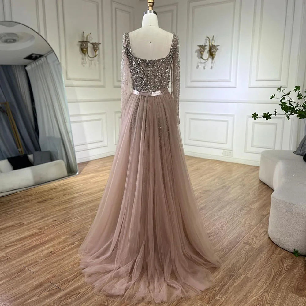 Vestido largo de noche de lujo estilo sirena color nude árabe con cuentas, falda 2 en 1 con sobrefalda, ideal para fiestas femeninas, modelo LA72261A (2025). 