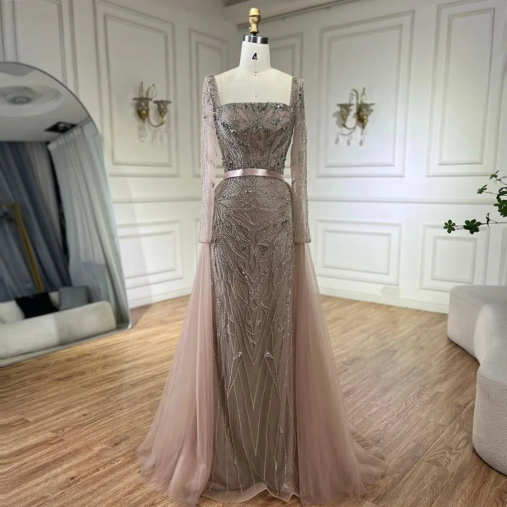Vestido largo de noche de lujo estilo sirena color nude árabe con cuentas, falda 2 en 1 con sobrefalda, ideal para fiestas femeninas, modelo LA72261A (2025). 