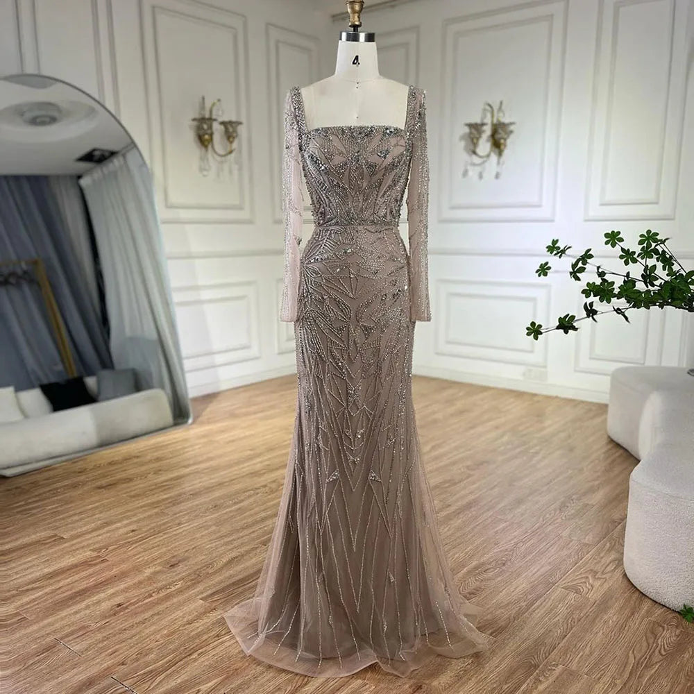 Vestido largo de noche de lujo estilo sirena color nude árabe con cuentas, falda 2 en 1 con sobrefalda, ideal para fiestas femeninas, modelo LA72261A (2025). 
