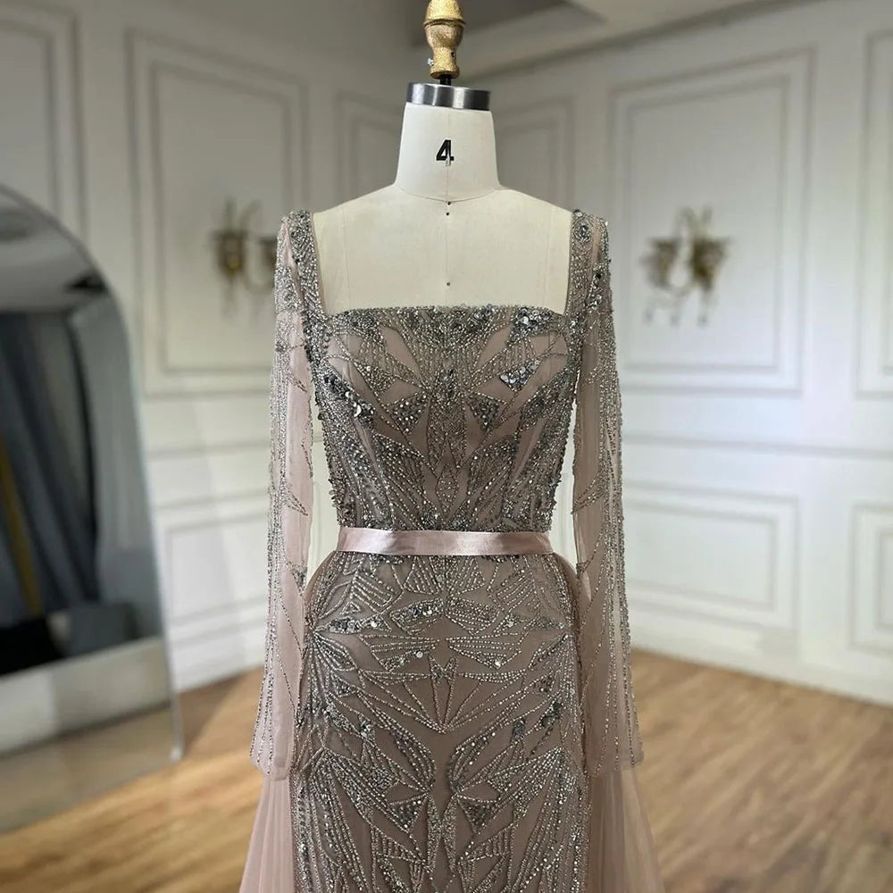 Arabic Nude Mermaid Beaded Luxury Dubai Long Evening Dress 2-in-1 Skirt with Overskirt Women's Party 2025 LA72261A