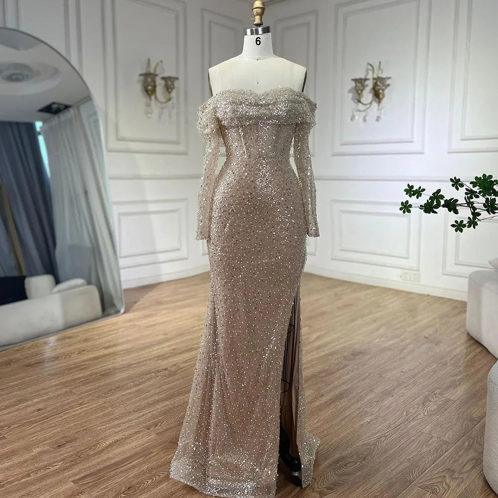 Vestidos de noche de lujo estilo sirena color nude, con escote barco y cuentas, estilo árabe, ideales para bodas y fiestas (2025) LA72318A 