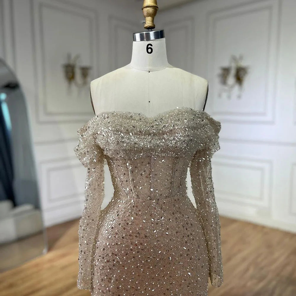 Vestidos de noche de lujo estilo sirena color nude, con escote barco y cuentas, estilo árabe, ideales para bodas y fiestas (2025) LA72318A 