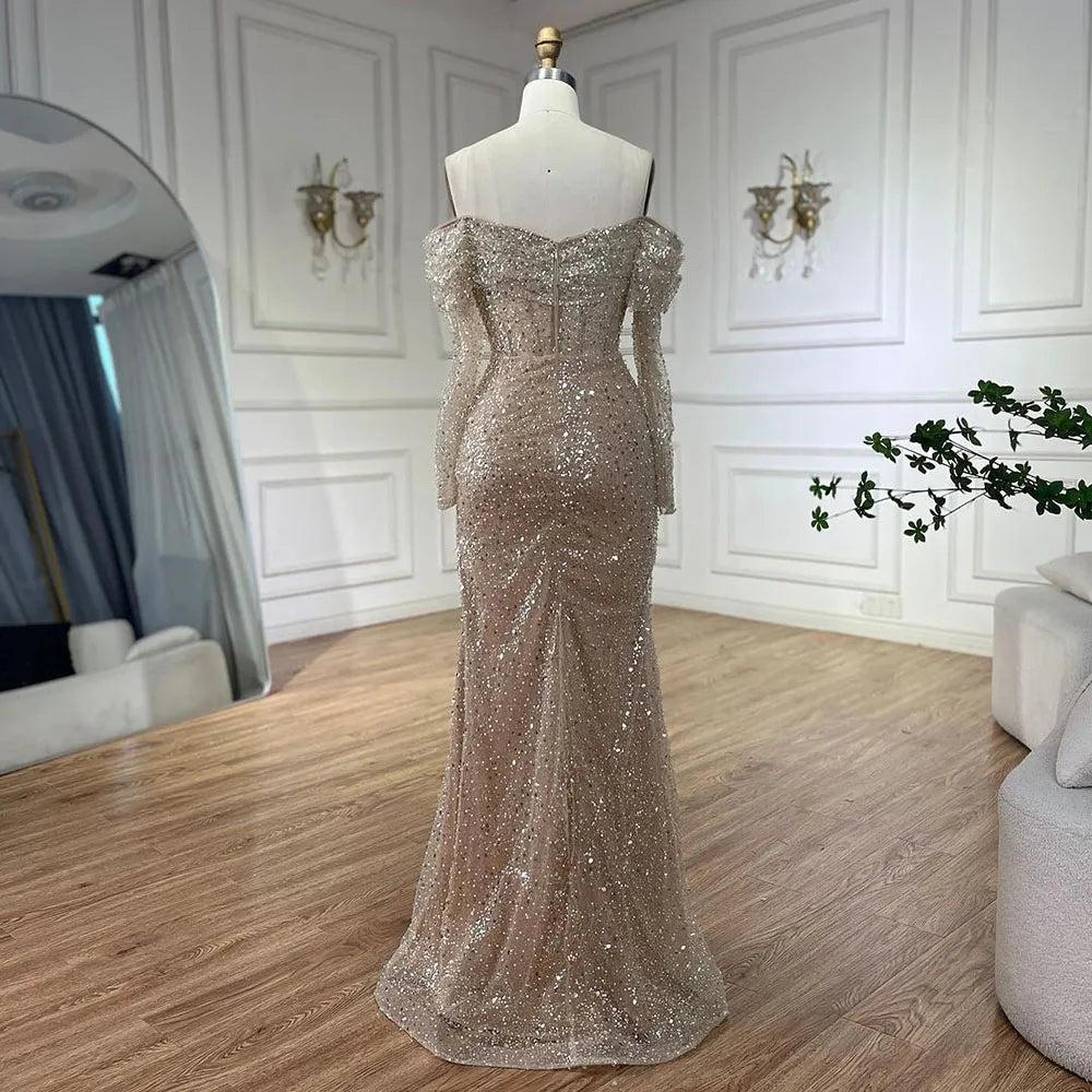 Vestidos de noche de lujo estilo sirena color nude, con escote barco y cuentas, estilo árabe, ideales para bodas y fiestas (2025) LA72318A 