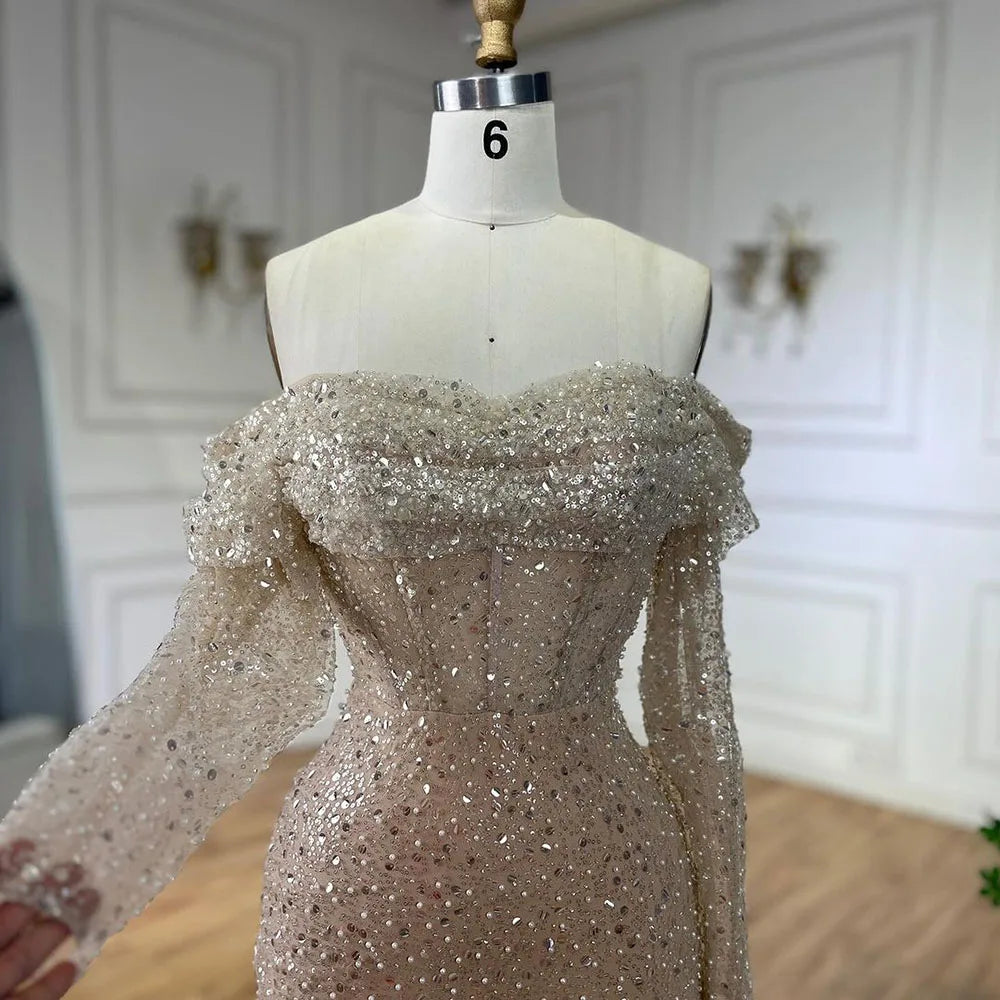 Vestidos de noche de lujo estilo sirena color nude, con escote barco y cuentas, estilo árabe, ideales para bodas y fiestas (2025) LA72318A 