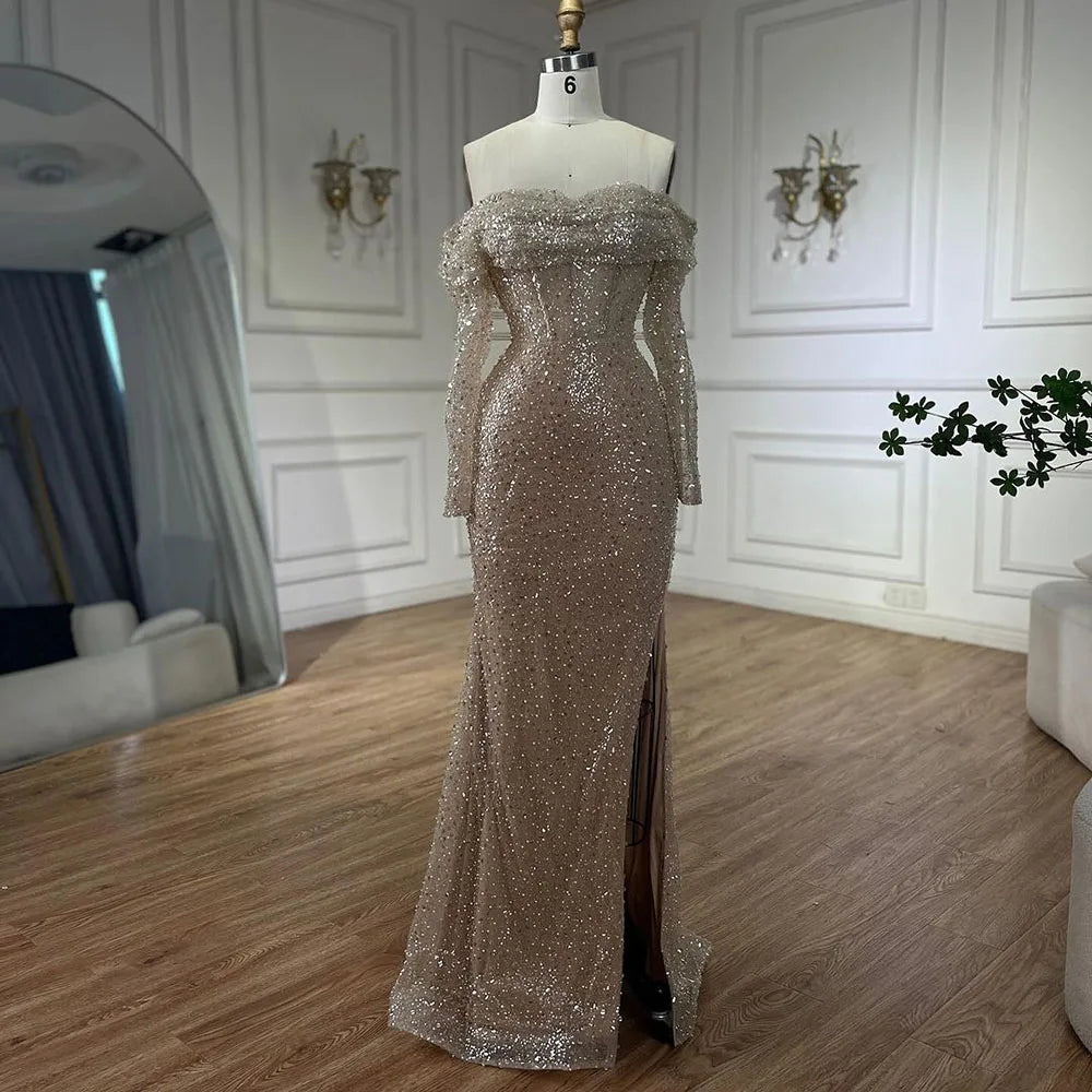 Arabic Nude Mermaid Boat Neck Beaded Luxury Dubai Evening Dresses Gowns For Women Wedding Party 2025 LA72318A