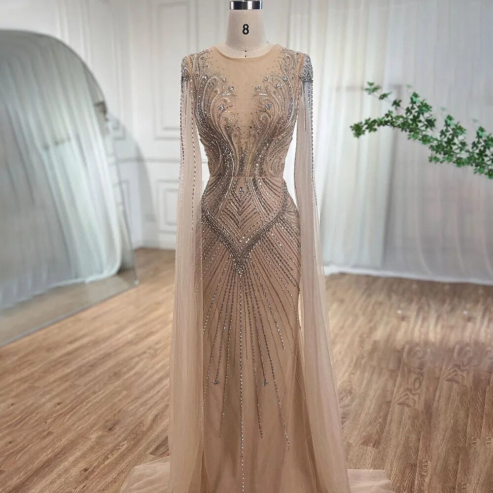 Robe de soirée élégante style sirène, couleur chair, manches cape, perles, style arabe, luxueuse, pour femme, mariage, LA72165, 2025 