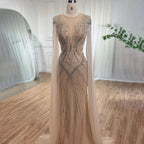 Robe de soirée élégante style sirène, couleur chair, manches cape, perles, style arabe, luxueuse, pour femme, mariage, LA72165, 2025 