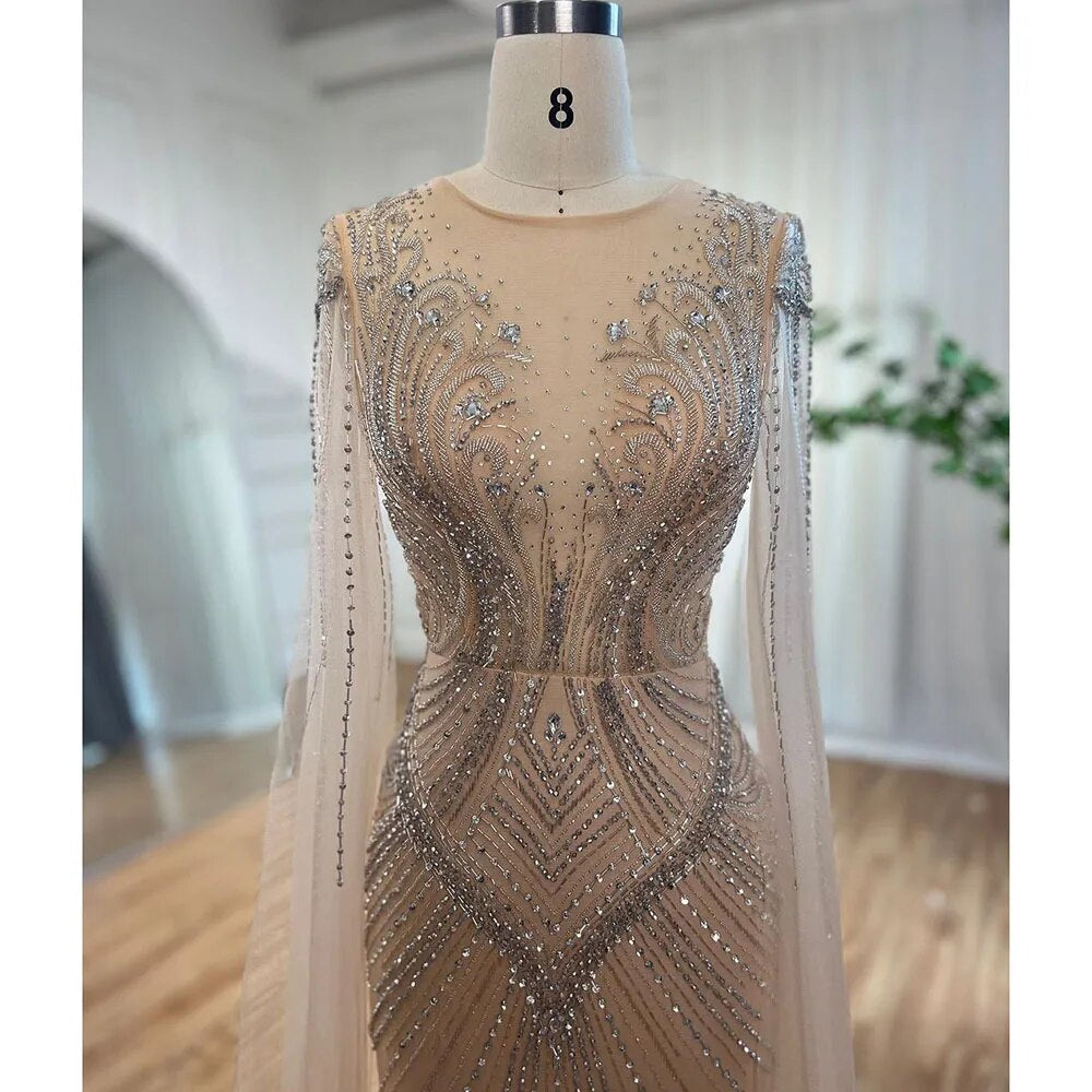 Robe de soirée élégante style sirène, couleur chair, manches cape, perles, style arabe, luxueuse, pour femme, mariage, LA72165, 2025 