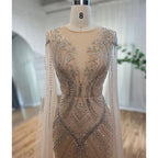 Robe de soirée élégante style sirène, couleur chair, manches cape, perles, style arabe, luxueuse, pour femme, mariage, LA72165, 2025 
