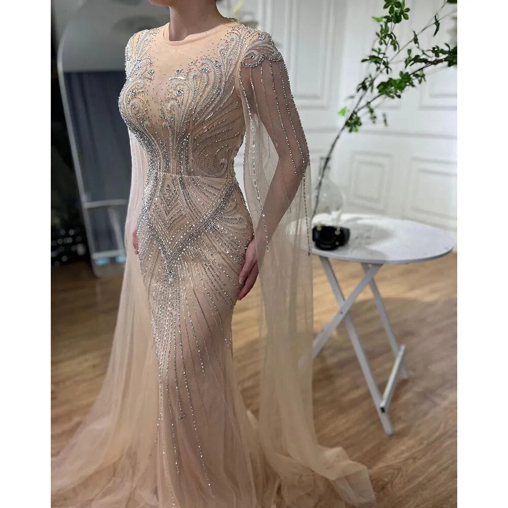Robe de soirée élégante style sirène, couleur chair, manches cape, perles, style arabe, luxueuse, pour femme, mariage, LA72165, 2025 