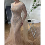 Robe de soirée élégante style sirène, couleur chair, manches cape, perles, style arabe, luxueuse, pour femme, mariage, LA72165, 2025 