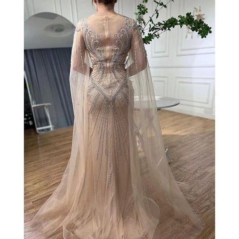 Robe de soirée élégante style sirène, couleur chair, manches cape, perles, style arabe, luxueuse, pour femme, mariage, LA72165, 2025 