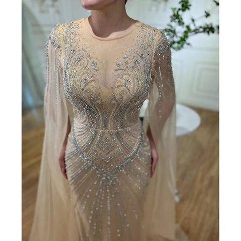 Robe de soirée élégante style sirène, couleur chair, manches cape, perles, style arabe, luxueuse, pour femme, mariage, LA72165, 2025 