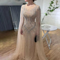 Robe de soirée élégante style sirène, couleur chair, manches cape, perles, style arabe, luxueuse, pour femme, mariage, LA72165, 2025 