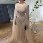 Robe de soirée élégante style sirène, couleur chair, manches cape, perles, style arabe, luxueuse, pour femme, mariage, LA72165, 2025 