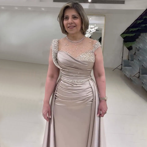 Robe de soirée élégante en satin, style sirène, couleur chair, avec jupe, perles, style arabe, LA71725 