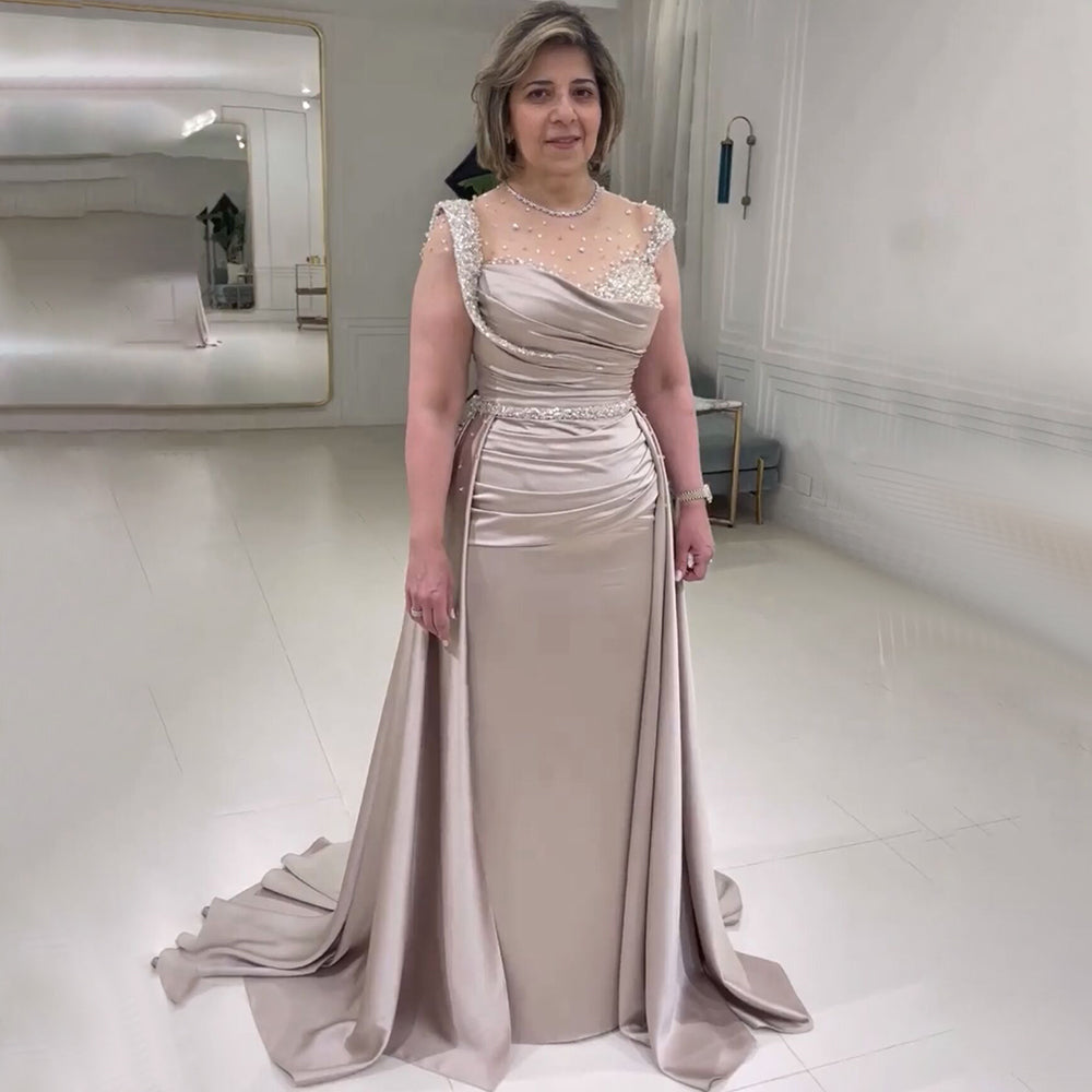 Robe de soirée élégante en satin, style sirène, couleur chair, avec jupe, perles, style arabe, LA71725 