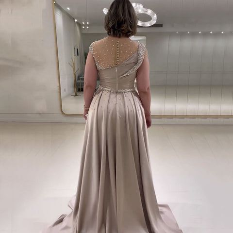 Robe de soirée élégante en satin, style sirène, couleur chair, avec jupe, perles, style arabe, LA71725 
